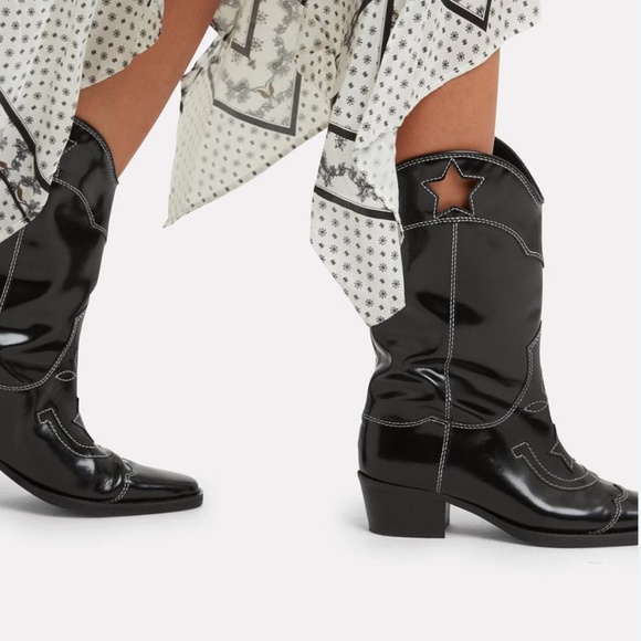NWT Ganni Marlyn Black Patent Leather Western Cowboy Boots - Picture 11 of 11